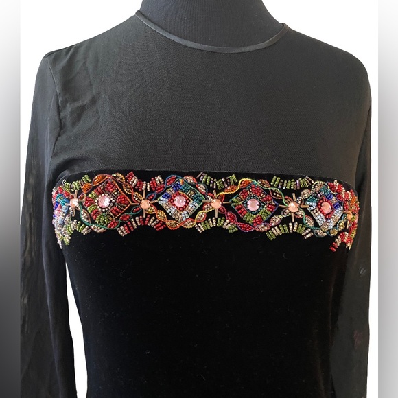 Vintage Donna Morgan black bejeweled beaded velvet sheer sleeve dress size 6 - Picture 4 of 13